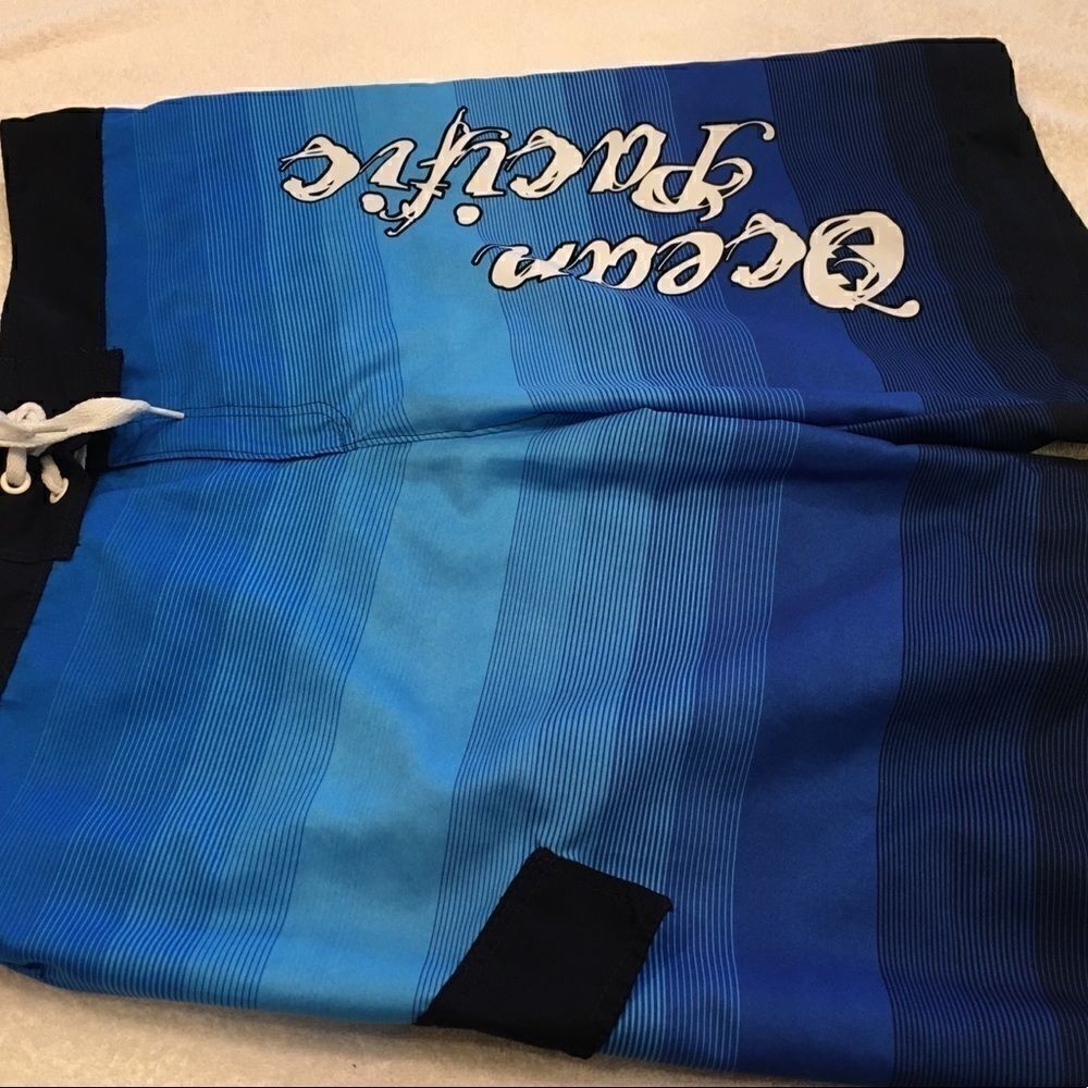 Ocean Pacific Medium swim shorts blue black trunks good condition tie at waist